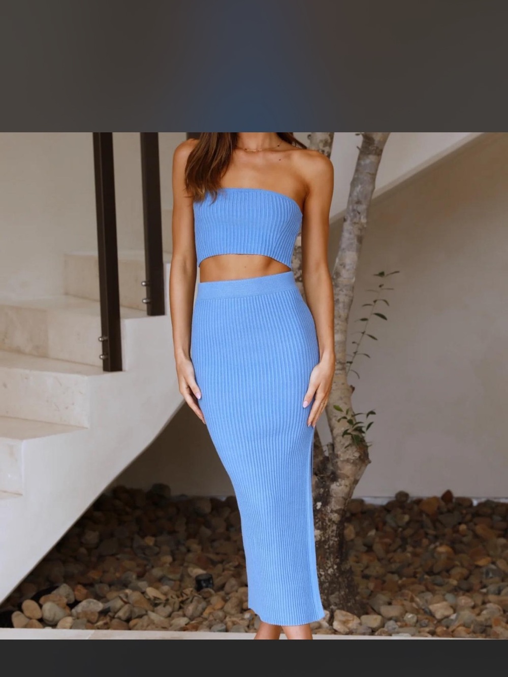 Hello Molly Ribbed Strapless Top & Midi Skirt Set - Sky Blue